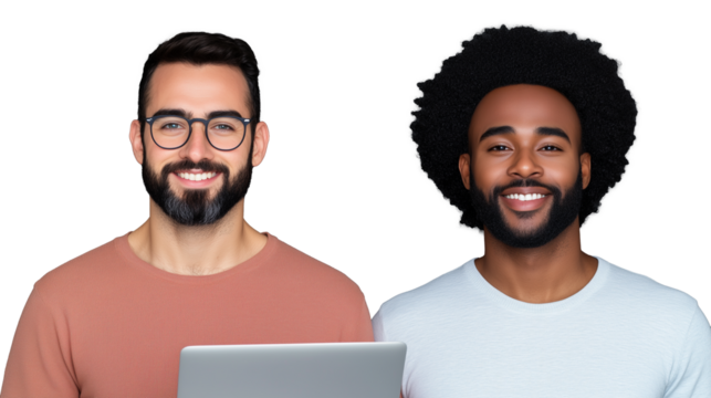 Two young men smiling and using a laptop, casual studio shot