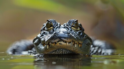 An alligator with sharp teeth is looking directly at the camera.