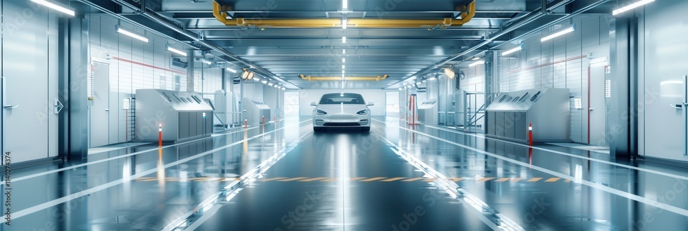 Aufkleber car testing facility with finished vehicles under evaluation on a clean and illuminated track. gener