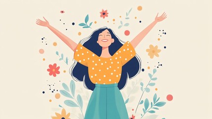 Obraz premium Happy woman raising arms surrounded by flowers and plants expressing freedom and happiness