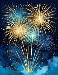 Fototapeta premium Colorful fireworks illuminate the night sky as people celebrate the New Year. Bursts of gold and blue spark joy and excitement, marking a fresh start. Fireworks explode against dark sky. Generative AI