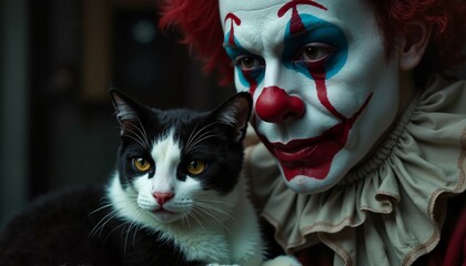 Melancholic clown with tear-stained face holding black and white cat on lap