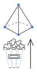 Pyramid with connecting dots above striped popcorn bucket and upward arrow. Ideal for geometry, mathematics, education, entertainment, movie night, progress, direction. Line metaphor