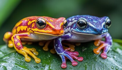 Fototapeta premium Discover brightly colored frogs resting peacefully on lush green leaves within an exotic tropical forest, a vivid glimpse into hidden wildlife Explore the intricate patterns and captivating colors of