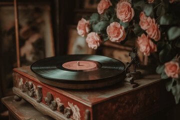Obraz premium Spinning vinyl on a vintage record player amidst blooming roses and nostalgia. Generative AI