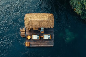 Fototapeta premium Thatched-Roof Floating Dock with Lounge Chairs Over Tropical River. Relaxing Deck Scene with Natural Surroundings.
