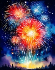 Fototapeta premium Watercolor fireworks lighting up a dark night sky for New Year's Eve