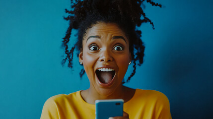 Smartphone surprise moment with a Black woman receiving unexpected news, showcasing her joyful expression in a dynamic, fun-filled, modern lifestyle shoot 