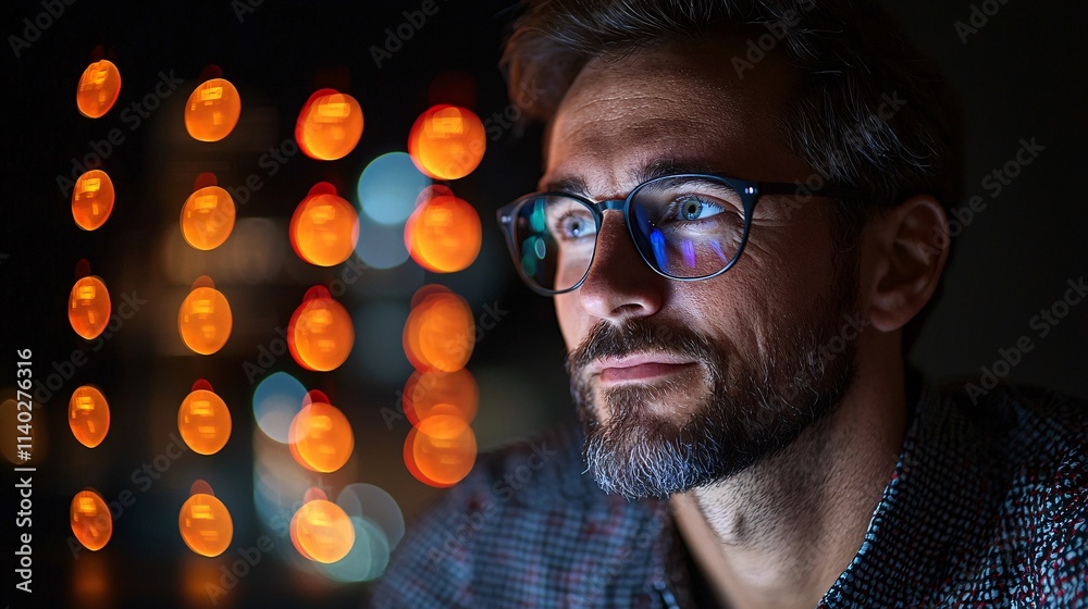 Poster Software developer working late at night in a digital workspace filled with code and holographic screens Stock Photo with side copy space