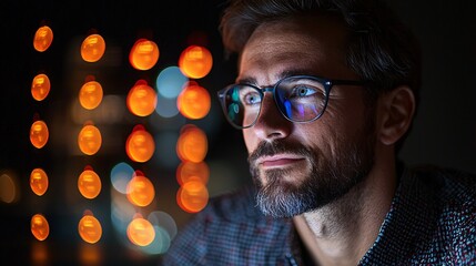 Software developer working late at night in a digital workspace filled with code and holographic screens Stock Photo with side copy space