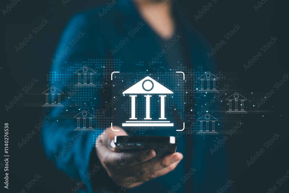 Poster digital banking and financial technology concept, finance and banking networking. businessman with d