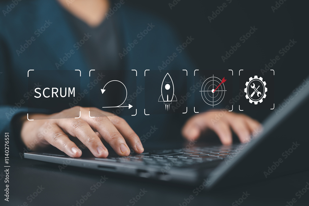 Aufkleber SCRUM, agile development methodology concept. Businessman using laptop with SCRUM icons on virtual screen
