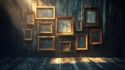 A collection of empty wooden frames arranged on a textured wall, illuminated by soft light.