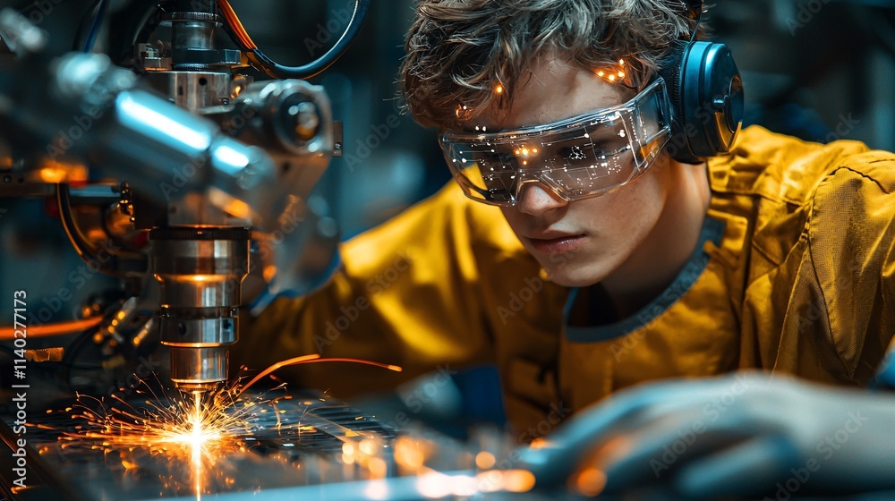 Poster Technician using AI-powered tools to optimize career development in a smart tech lab Stock Photo with side copy space