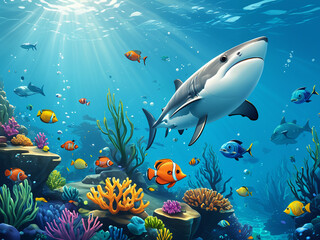 Fototapeta premium Generated cartoon illustration of underwater sea ocean scene.