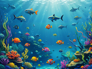 Generated cartoon illustration of underwater sea ocean scene.