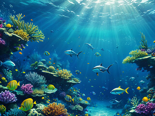 Obraz premium Generated cartoon illustration of underwater sea ocean scene.