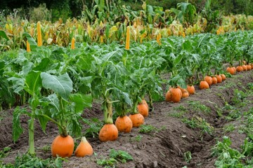 Vegetable Field with Rows of Sweet Potatoes, Corn, and Sorghum. Healthy Crops in Rural Setting.