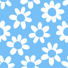 Blue seamless pattern with white flowers