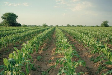 Vegetable Field with Rows of Sweet Potatoes, Corn, and Sorghum. Healthy Crops in Rural Setting.