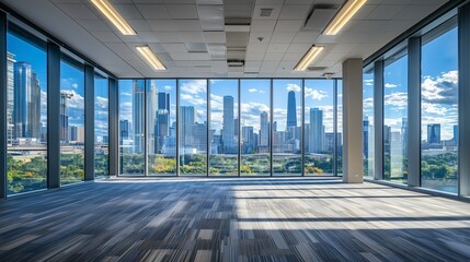 Naklejka premium Spacious office with large windows and city view, symbolizing openness and modernity.