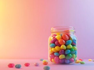 A glass jar filled with rainbow-colored candies 