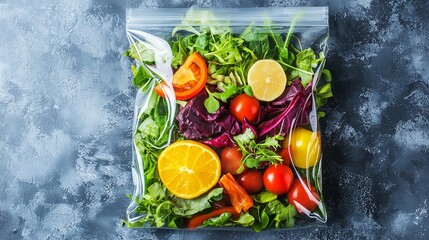 Fresh vegetables and citrus in a ziplock bag symbolize healthy meal prep and convenience.