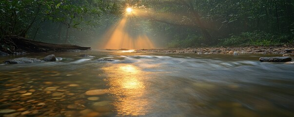 Explore a hidden wildlife sanctuary nestled within a dense jungle, a truly exotic tropical forest where nature thrives in a serene and pristine environment The sun's rays illuminate the flowing