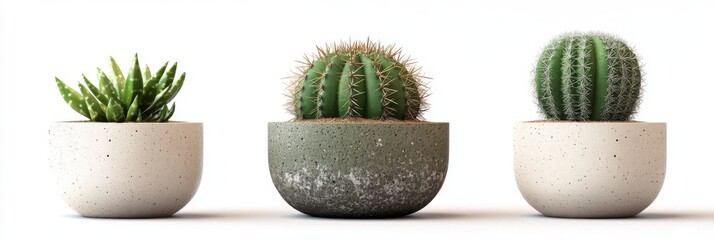 Three Different Cacti in Beige and Green Pots Isolated on White Background. Modern Home Decor, Realistic 3D Rendering.