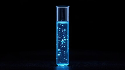 Vibrant Blue Liquid in Test Tube with Bubbles and Dark Background