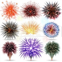 Colorful Fireworks Clipart on White Background. High-Resolution Digital Art with No Shadow.