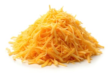 Fototapeta premium Shredded cheddar cheese pile on white background for culinary use