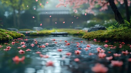 Serene Japanese Garden Pond with Cherry Blossom Petals Floating on Water