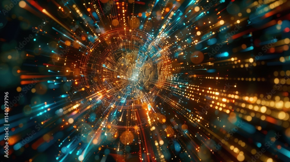 Poster big data streams are converging, forming a digital tunnel with glowing particles and lines of light,