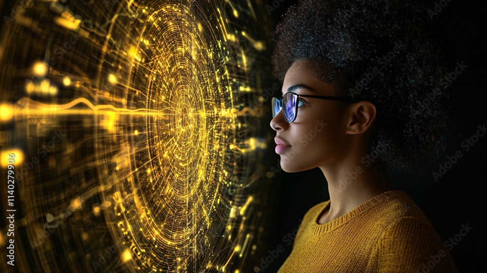 Poster Professional woman using advanced digital analytics tools for career development Stock Photo with side copy space