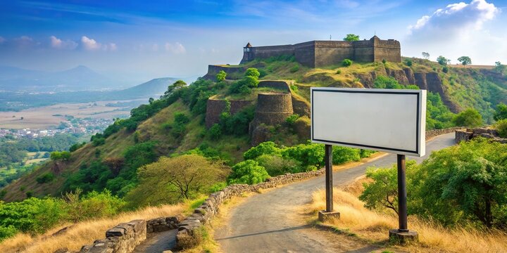 Signboard on Sinhagad Fort in Pune mentioning Fort name, nature, open theater