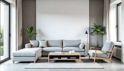 A modern living room with a gray sofa, armchair, and coffee table on a concrete floor. The room has a minimalist style with neutral colors and clean lines