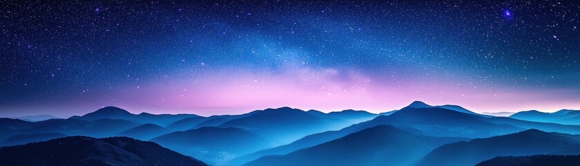 Fototapeta premium A breathtaking panorama of majestic mountains under a starlit sky, displaying vibrant colors of twilight and serenity.