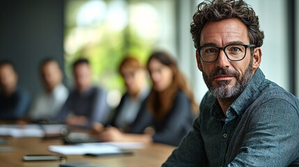 Professional leader explaining Industry 4.0 transformation to a group of tech experts Stock Photo with side copy space