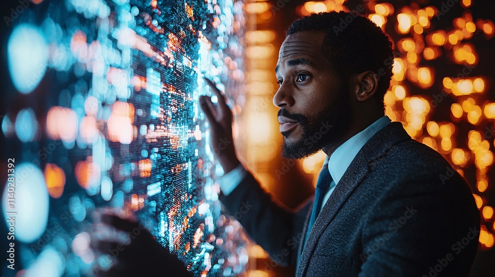 Poster it professional presenting career advancement ideas in a holographic tech workspace stock photo with