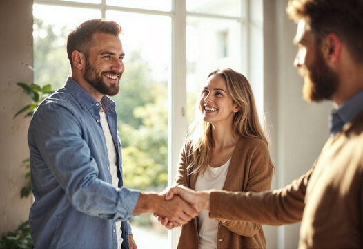 Happy woman shaking hands with real estate agent while buy new home with her husband.
