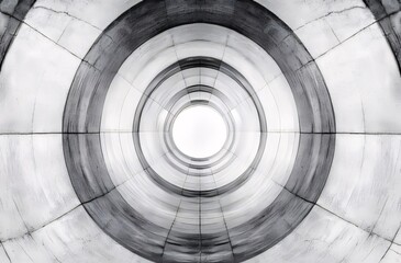 Abstract grayscale image of a spiraling concrete tunnel leading to a bright light.