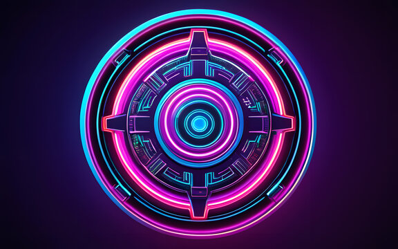 A futuristic circular badge, pulsating with vibrant neon lights and intricate designs