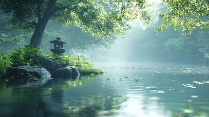 Obraz premium Tranquil Japanese Garden Pond with Serene Stone Lanterns and Zen Rock Formation
