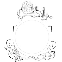 Vintage sewing tools template - sewing machine, scissors, buttons, pin, Centimeter. Circle frame for design with flowers. Vintage old fashion, tailoring for postcard, fabric, printing. Graphic vector