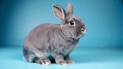 Obraz premium a lively grey curious fluffy rabbit on a light background