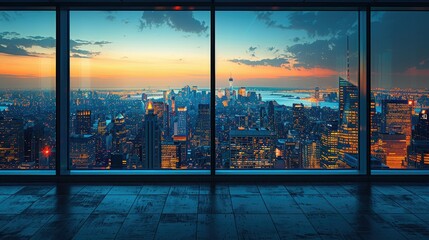 Fototapeta premium A panoramic view of a city skyline at dusk, showcasing buildings and a vibrant sunset.