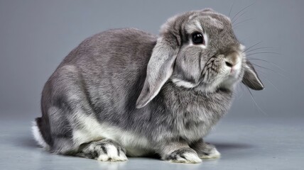 a lively grey curious fluffy rabbit on a light background