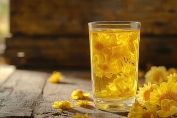 Chrysanthemum tea is a fragrant yellow drink made from dried flowers served in a clear glass for refreshment