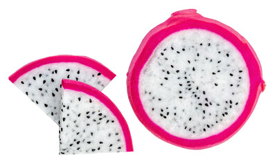 Pitaya  slices isolated. Dragon fruit pieces on white background. Tropical fruit Papaya close up....